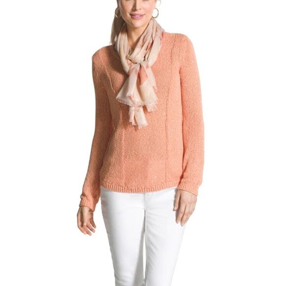 CHICO’S Orange Open Knit Sequin Shine Samantha V-Neck Sweater Women’s Medium - Picture 1 of 14